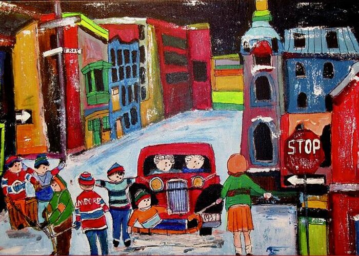 Roy Street Greeting Card featuring the painting Roy Street Winter Scene by Michael Litvack