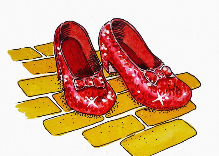 Wizard Of Oz Greeting Card featuring the painting Ruby Slippers The Wizard Of Oz by Irina Sztukowski