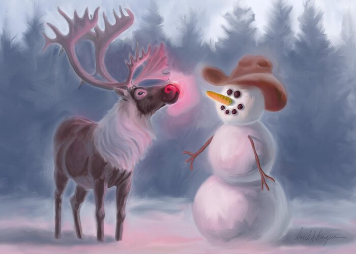 Rudolph Greeting Card featuring the digital art Rudolph Meets Frosty by David Burgess