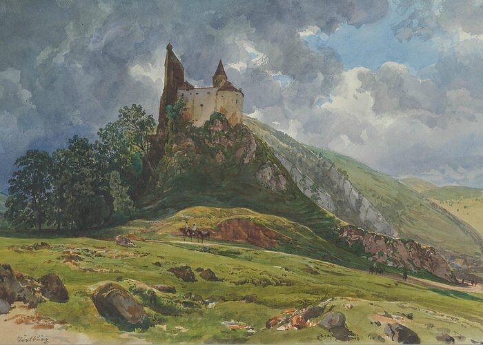 19th Century Art Greeting Card featuring the drawing Ruin of Burg Schachenstein at Thorl in Styria by Thomas Ender