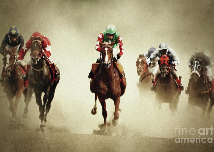 Horse Greeting Card featuring the photograph Running horses in dust by Dimitar Hristov