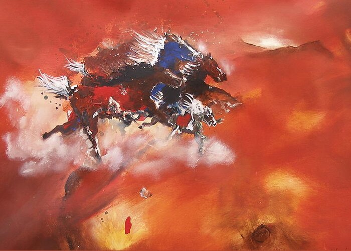 Running Horses Run Horse Abstract Acrylic Painting Who First And Faster Greeting Card featuring the painting Running Horses by Miroslaw Chelchowski