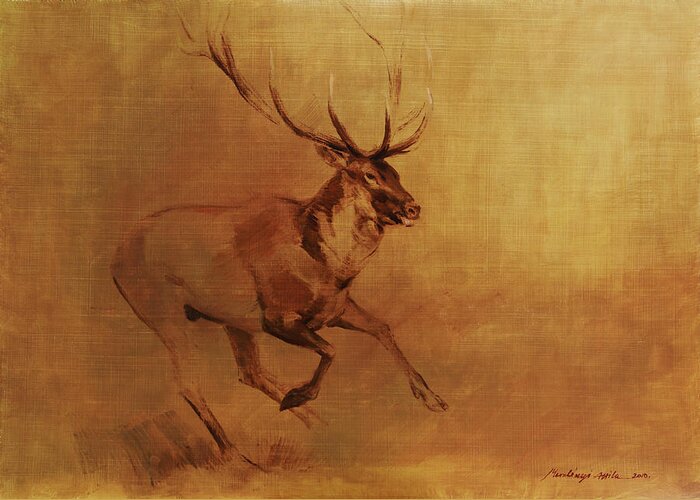 Running Stag Greeting Card featuring the painting Running Stag by Attila Meszlenyi