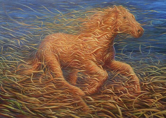 Horse Greeting Card featuring the painting Running Swirly Horse by Hans Droog