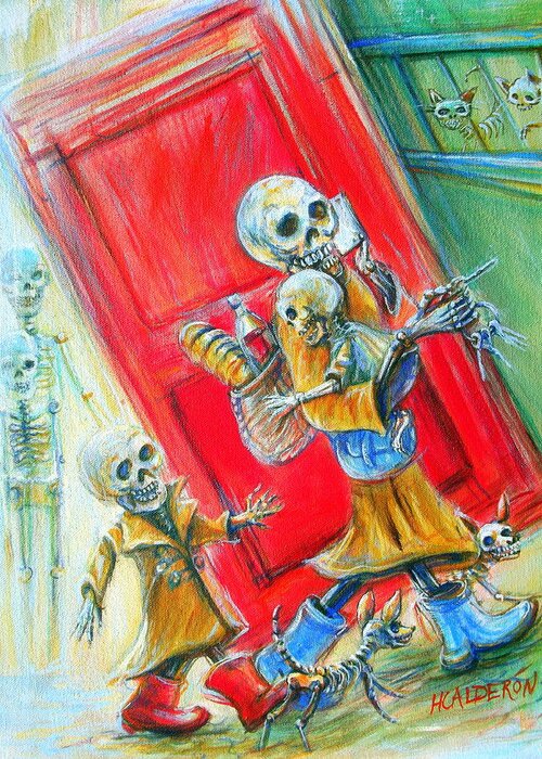 Skeletons Greeting Card featuring the painting Rushing by Heather Calderon