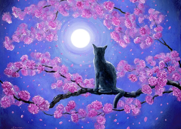 Kwanzan Greeting Card featuring the painting Russian Blue Cat in Pink Flowers by Laura Iverson