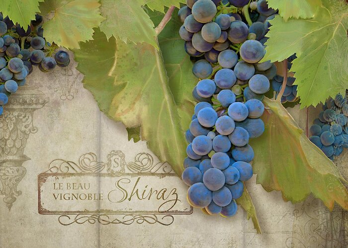 Shiraz Greeting Card featuring the painting Rustic Vineyard - Shiraz Wine Grapes over Stone by Audrey Jeanne Roberts