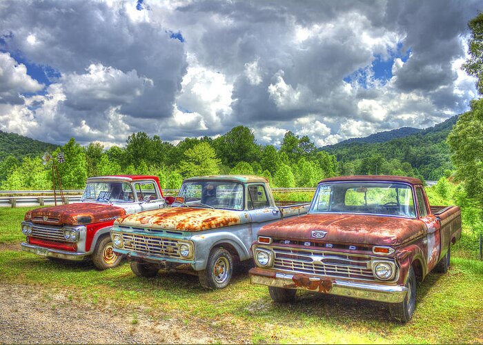 Reid Callaway Antique Ford Trucks Greeting Card featuring the photograph Rusty Brothers Ford Trucks 1960 1964 1966 Antique Automotive Art by Reid Callaway
