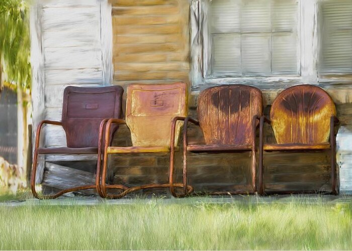 Four Metal Chairs Sit Outdoors Gathering Rust Greeting Card featuring the digital art Rusty Chairs by Peggy Blackwell