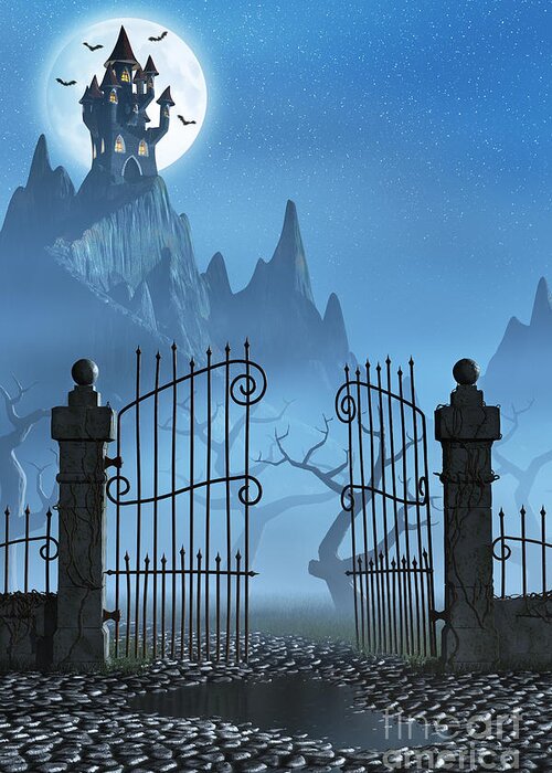 Castle Greeting Card featuring the digital art Rusty gate and a spooky dark castle by Sara Winter