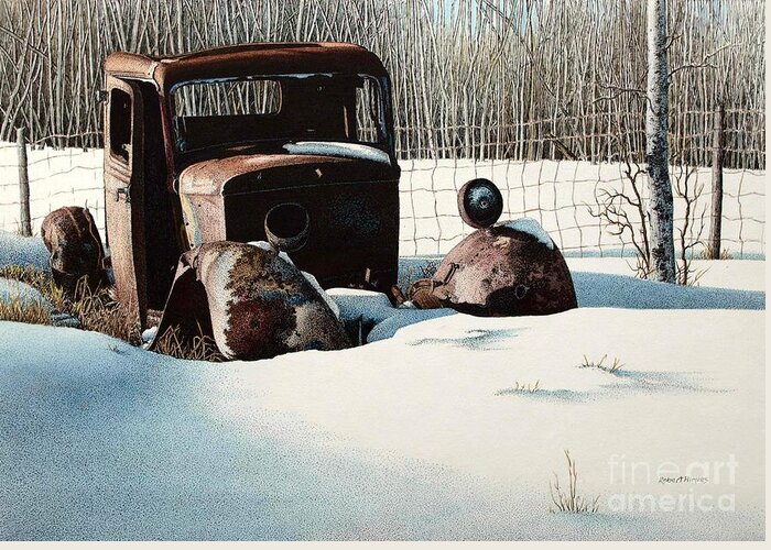 Abandoned Car Greeting Card featuring the painting Rusty in Alberta by Robert Hinves