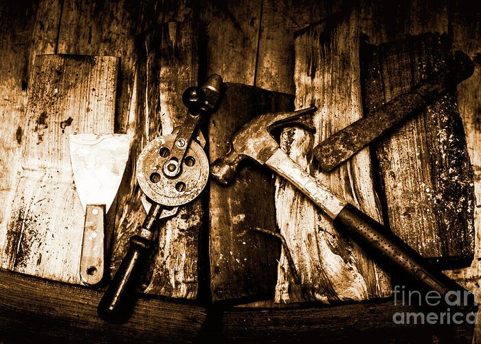 Mining Greeting Card featuring the photograph Rusty Old Hand Tools on Rustic Wooden Surface by Jorgo Photography