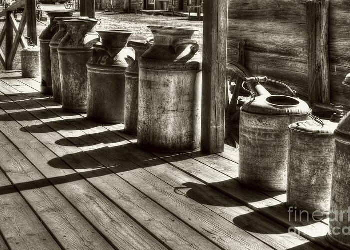 Scenes From Far And Near Greeting Card featuring the photograph Rusty Western Cans #1 Sepia Tone by Mel Steinhauer