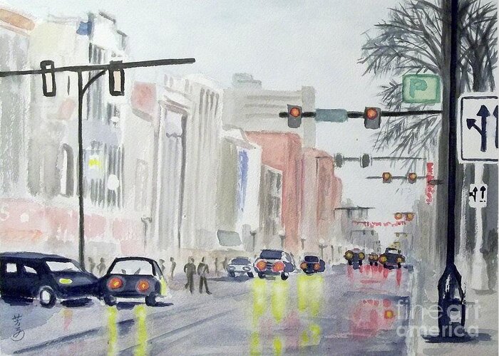 City Scape Greeting Card featuring the painting S. Main Street -Ann Arbor Michigan by Yoshiko Mishina