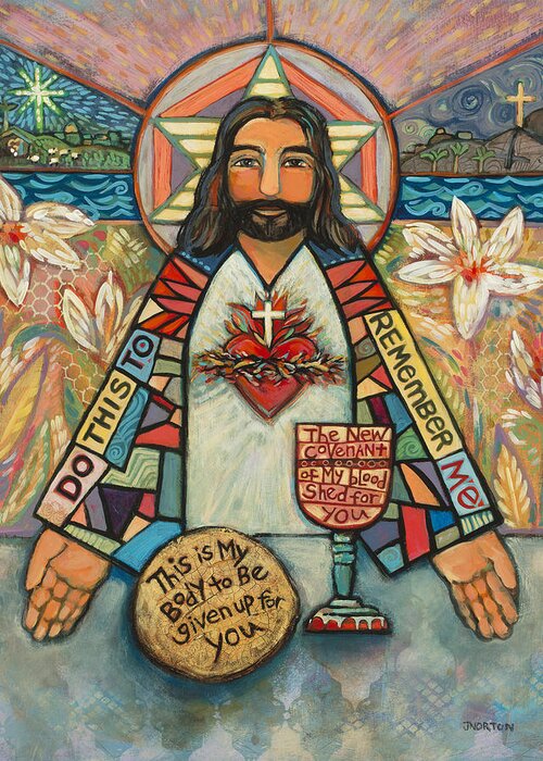 Jen Norton Greeting Card featuring the painting Sacred Heart of Jesus by Jen Norton