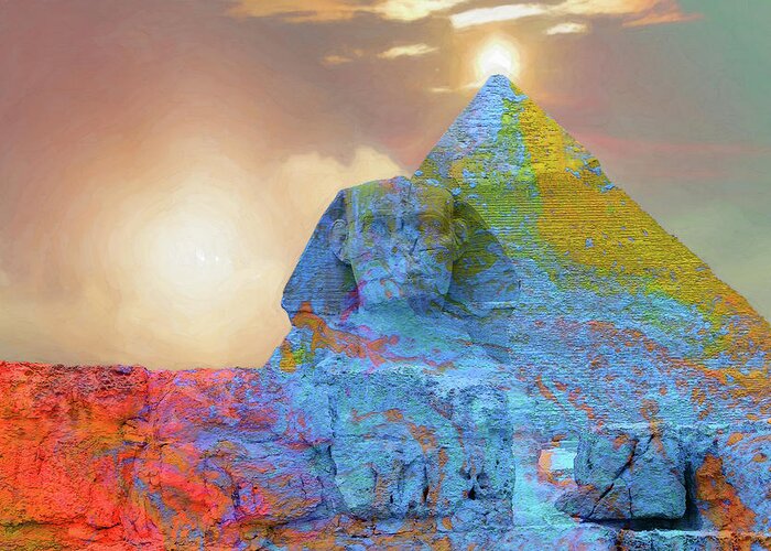 'sacred Places' Collection By Serge Averbukh Greeting Card featuring the digital art Sacred Places - The Great Sphinx of Giza in front of The Great Pyramid by Serge Averbukh