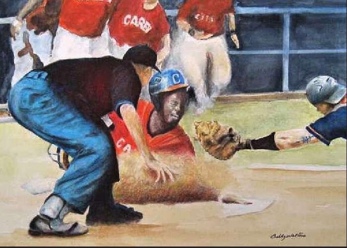 Baseball Greeting Card featuring the painting Safe At Home by Bobby Walters