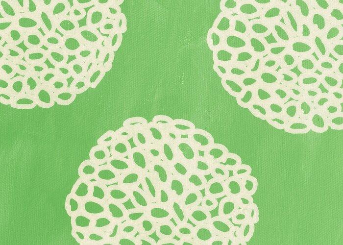 Sagegreen White Doodle Painting Abstract Ball Poof pottery Barn Style crate And Barrel Style west Elm Style ikea Style Pattern Dandelion Greeting Card featuring the painting Sage Garden Bloom by Linda Woods