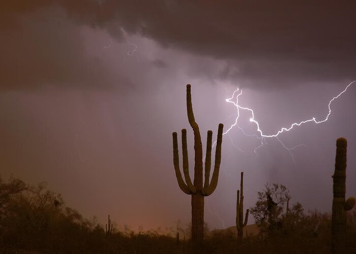 Lightning Greeting Card featuring the photograph Saguaro Southwest Desert Lightning Air Strike by James BO Insogna