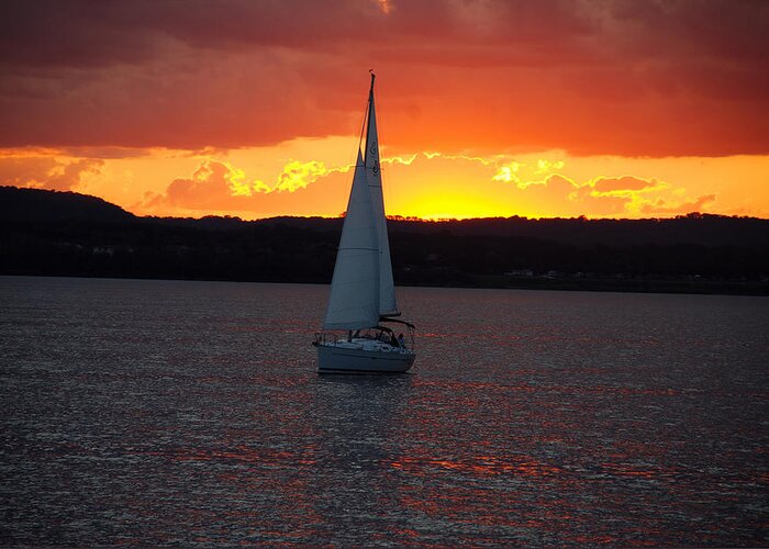 Sailboat Greeting Card featuring the photograph sailboat at August sunset by Larry Nielson