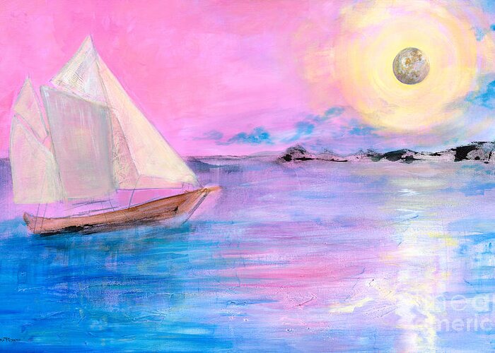 Sailboat Greeting Card featuring the painting Sailboat in Pink Moonlight by Robin Pedrero