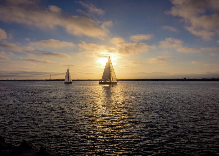 Ballona Creek Greeting Card featuring the photograph Sailboats at Sunset by Andy Konieczny