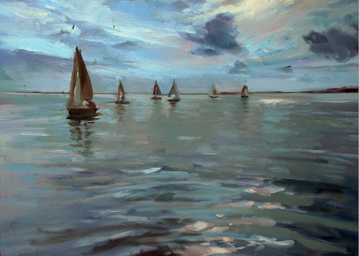 Sailboats Greeting Card featuring the painting Sailboats on the Chesapeake bay by Susan Bradbury