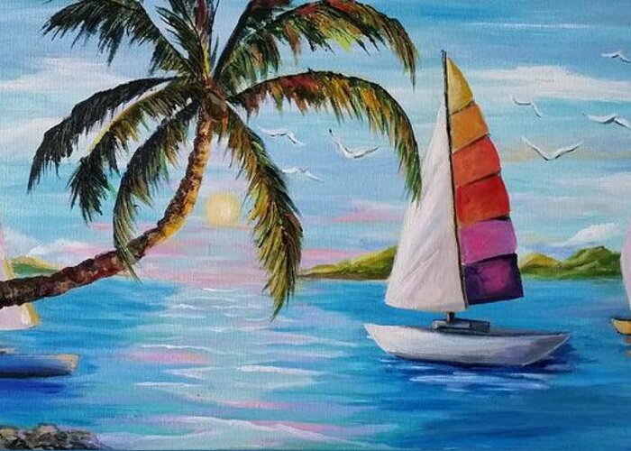 Palm Trees Greeting Card featuring the painting Sailing at Sunset by Rosie Sherman