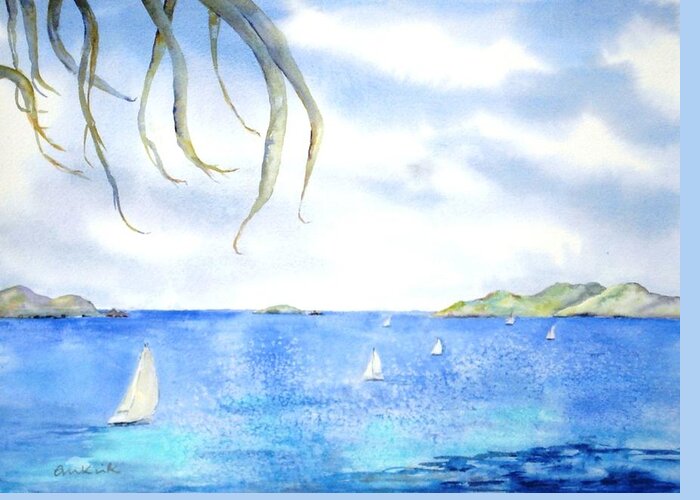 Caribbean Greeting Card featuring the painting Sailing Between the Islandsd by Diane Kirk