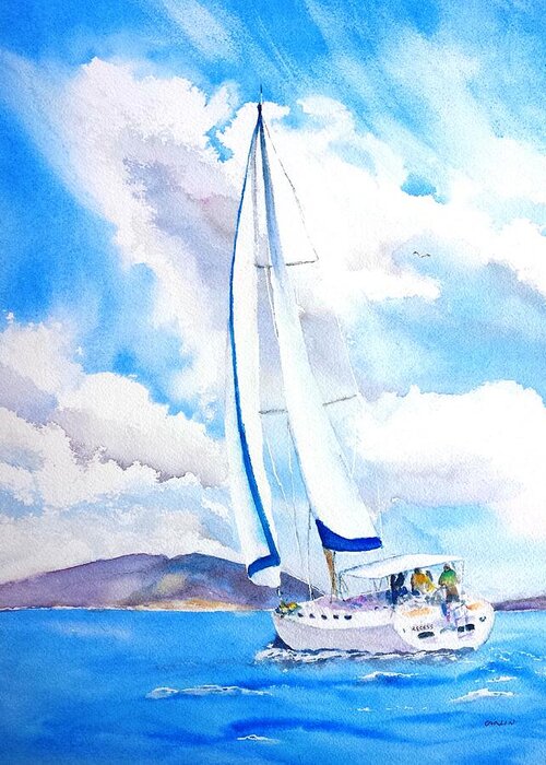 Sailboat Greeting Card featuring the painting Sailing the Islands by Carlin Blahnik CarlinArtWatercolor