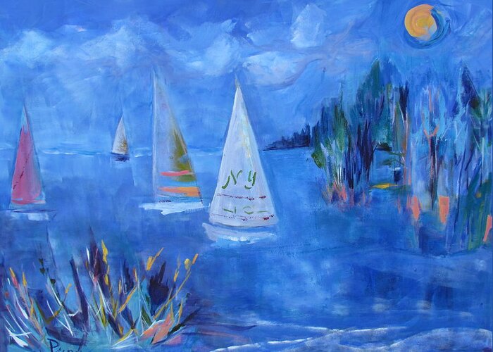 Sail Boats On Water Greeting Card featuring the painting Sails and Sun by Betty Pieper