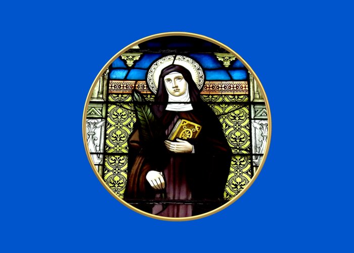 Saint Amelia Stained Glass Window Greeting Card featuring the photograph Saint Amelia Stained Glass Window in the Round by Rose Santuci-Sofranko