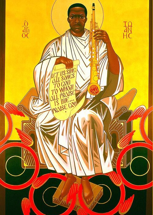 Saint John Coltrane Enthroned. Saint John Coltrane Icon Greeting Card featuring the painting Saint John Coltrane Enthroned by Mark Dukes