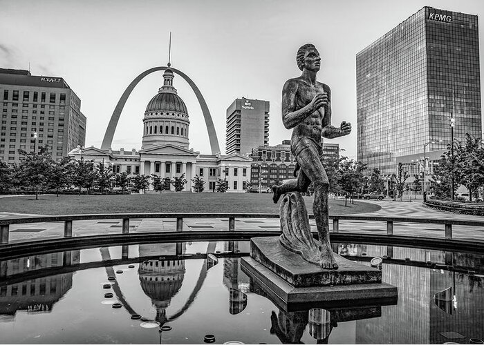 America Greeting Card featuring the photograph Saint Louis Runner Statue and Gateway Arch - Black and White by Gregory Ballos