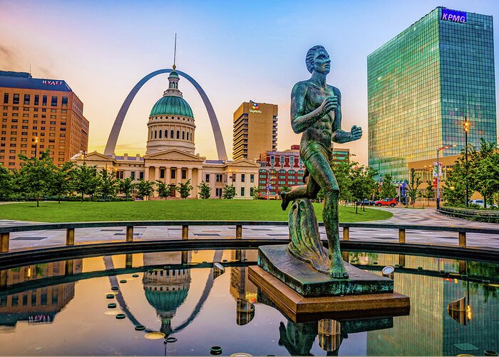 America Greeting Card featuring the photograph Saint Louis Runner Statue and Gateway Arch by Gregory Ballos