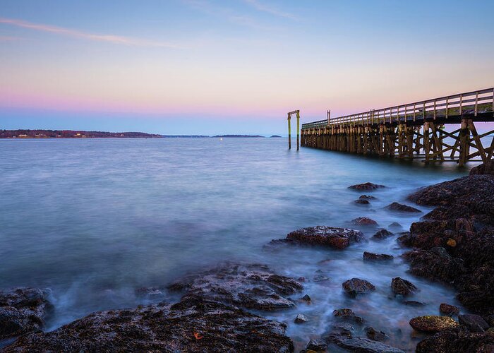 Salem Ma Mass Massachusetts Newengland New England U.s.a. Usa Coastal Ocean Atlantic Sea Seaside Oceanside Coast Water Long Exposure Sun Sunset Sunrise Pier Brian Hale Brianhalephoto Rocky Rocks Greeting Card featuring the photograph Salem Willows Sunset by Brian Hale