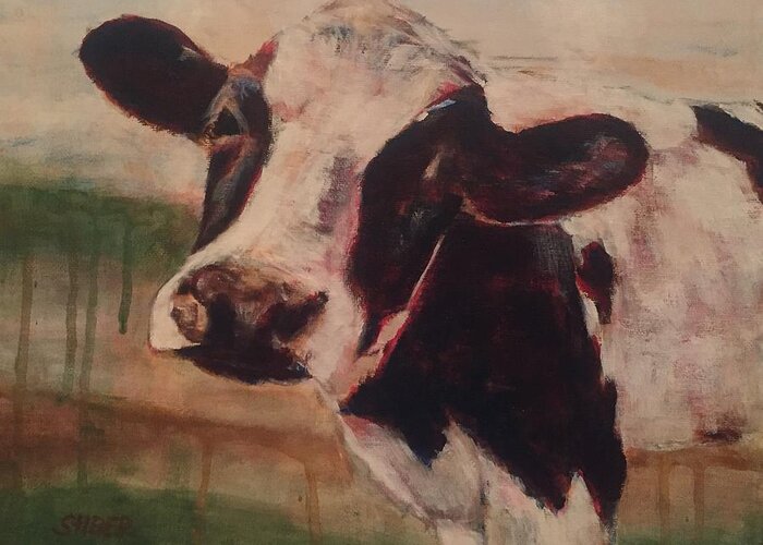 Cow Greeting Card featuring the painting Sally by Kathy Stiber