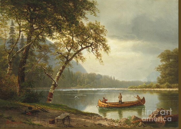 Landscape; Rural; Countryside; Canadian; Fishermen; Boat; Leisure; Calm; Peaceful; Kayak; Camp; Campfire; Fire; Kettle; Scenic; Riverbank Greeting Card featuring the painting Salmon fishing on the Caspapediac River by Albert Bierstadt