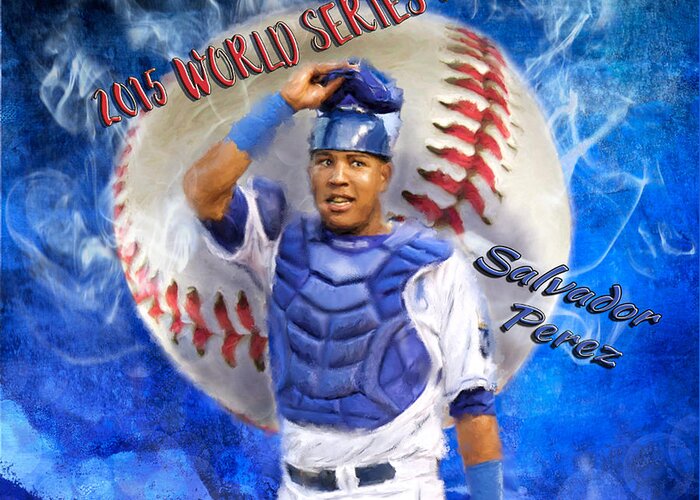 Salvie Greeting Card featuring the painting Salvador Perez 2015 World Series MVP by Colleen Taylor