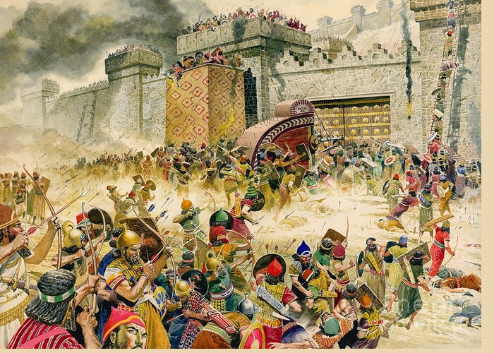 Samaria Greeting Card featuring the painting Samaria falling to the Assyrians by Don Lawrence