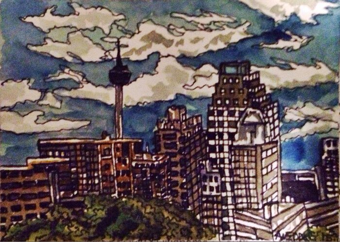 Cityscape Greeting Card featuring the painting San Antonio Skyline by Angela Weddle