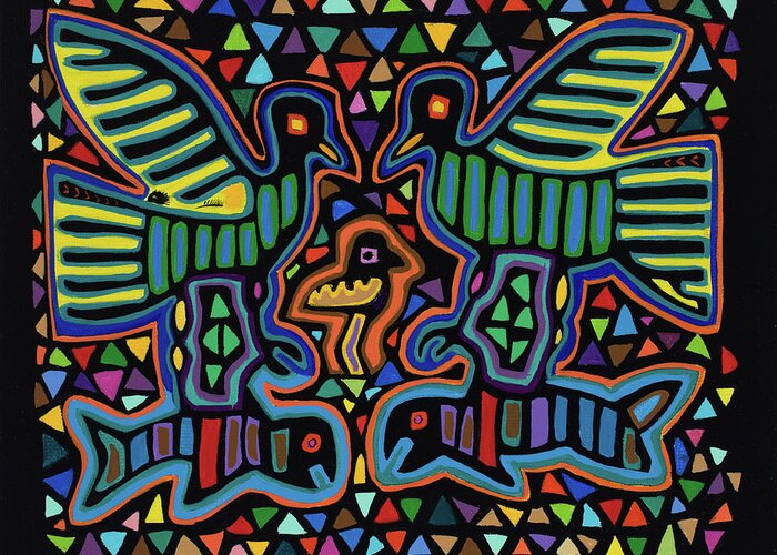 San Blas Designs Trapunto Quilts Acrylic Painting Ancient Designs Mole Primitive Painting Primitive Design Black Green Blue Yellow Greeting Card featuring the painting San Blas III by Pat Saunders-White