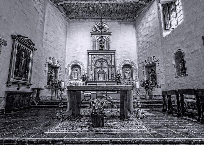 San Diego Greeting Card featuring the photograph San Diego de Alcala Altar - BW by Stephen Stookey