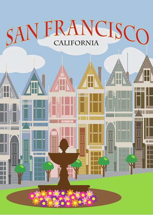 Painted Ladies Greeting Card featuring the photograph San Francisco Painted Ladies Poster Illustration by Jit Lim