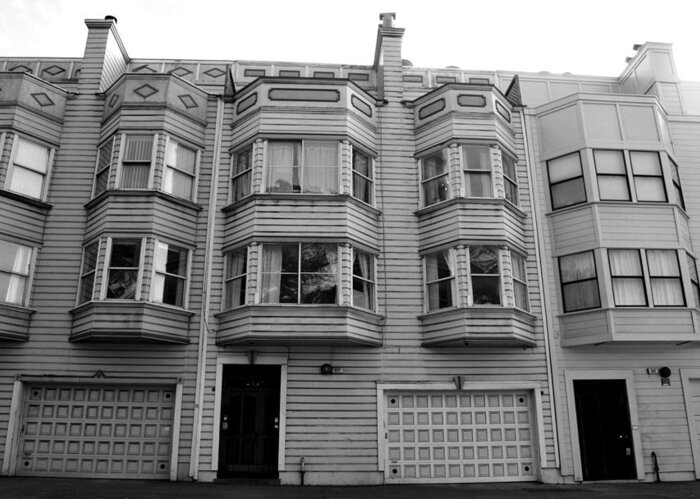 City Greeting Card featuring the photograph San Francisco Row Homes - Black and White by Matt Quest