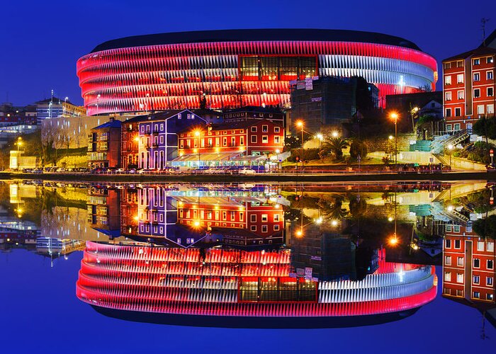 San Greeting Card featuring the photograph San Mames Stadium At Night With Water Reflections by Mikel Martinez de Osaba