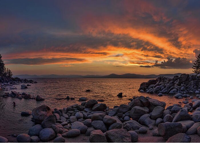 Sand Greeting Card featuring the photograph Sand Harbor Sunset Panorama by Martin Gollery