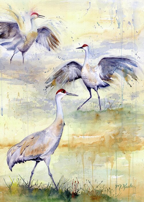 Cranes Greeting Card featuring the painting Wetlands Courtship - Sandhill Cranes by Marsha Karle