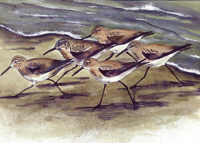 Watercolor Greeting Card featuring the painting Sandpipers by Nancy Patterson