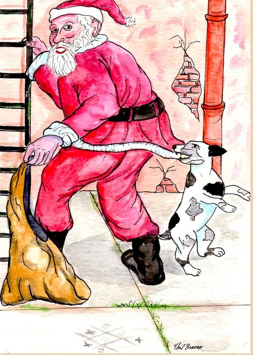 Santa Greeting Card featuring the mixed media Santa Climbs The Ladder by Philip And Robbie Bracco